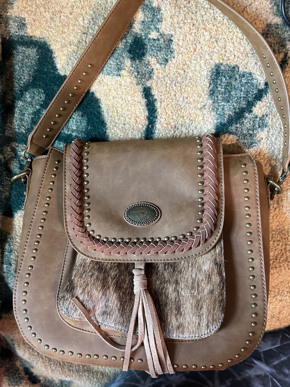 Braided Trim Tan Shoulder Bag with Tassel Accent